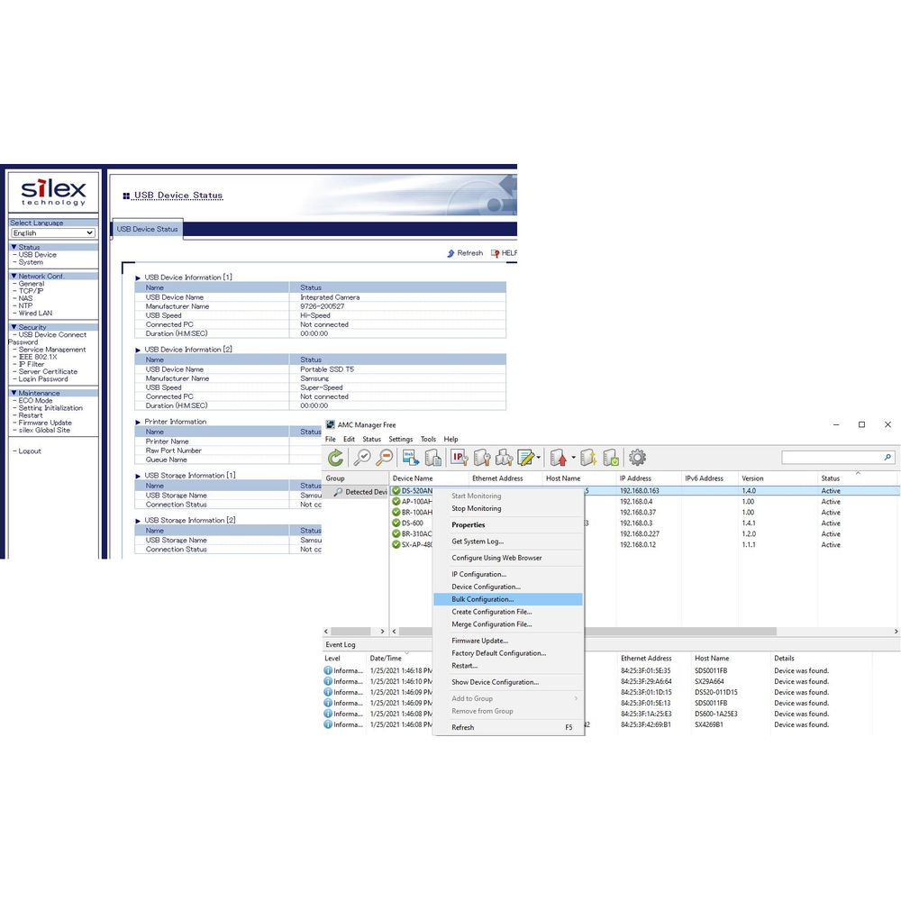Silex USB-Gerätestatus mit Gerätedetails, Event-Log und IP-Konfiguration.