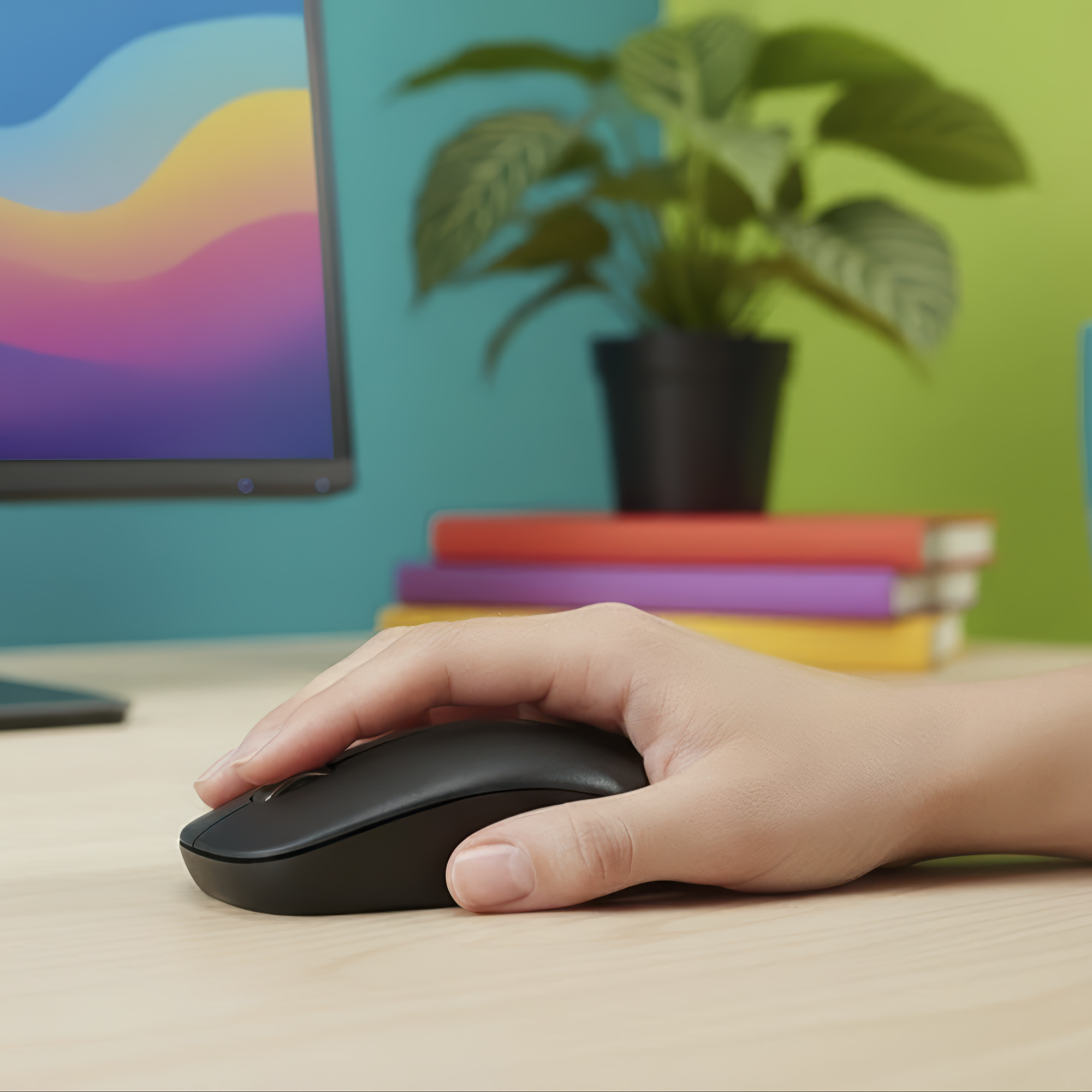 Una mano aziona un mouse nero davanti a uno schermo con onde colorate.