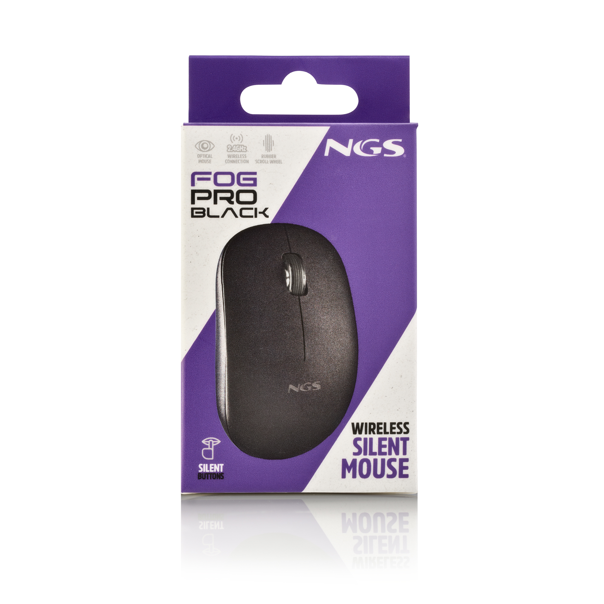 Confezione di un mouse wireless NGS FOG PRO nero con rotellina e logo.