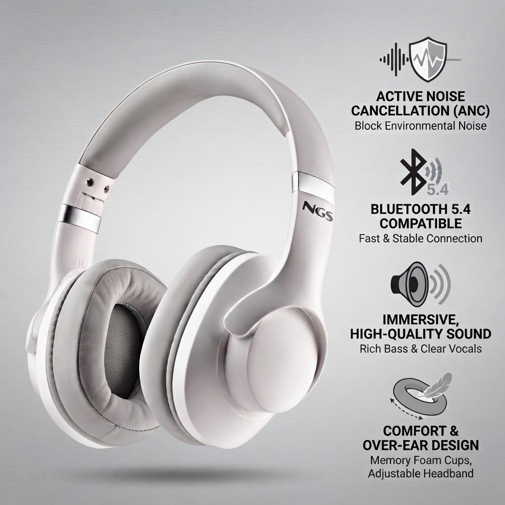 Cuffie over-ear bianche con accenti argentati, ANC, Bluetooth 5.4 e suono di alta qualità.