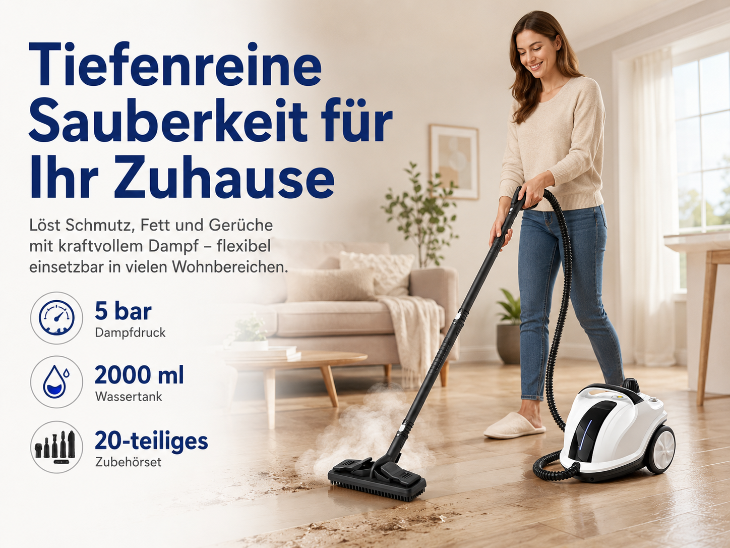 Frau reinigt Boden mit Dampfreiniger. Text hebt 5 bar, 2000 ml, 20 Zubehörteile hervor.