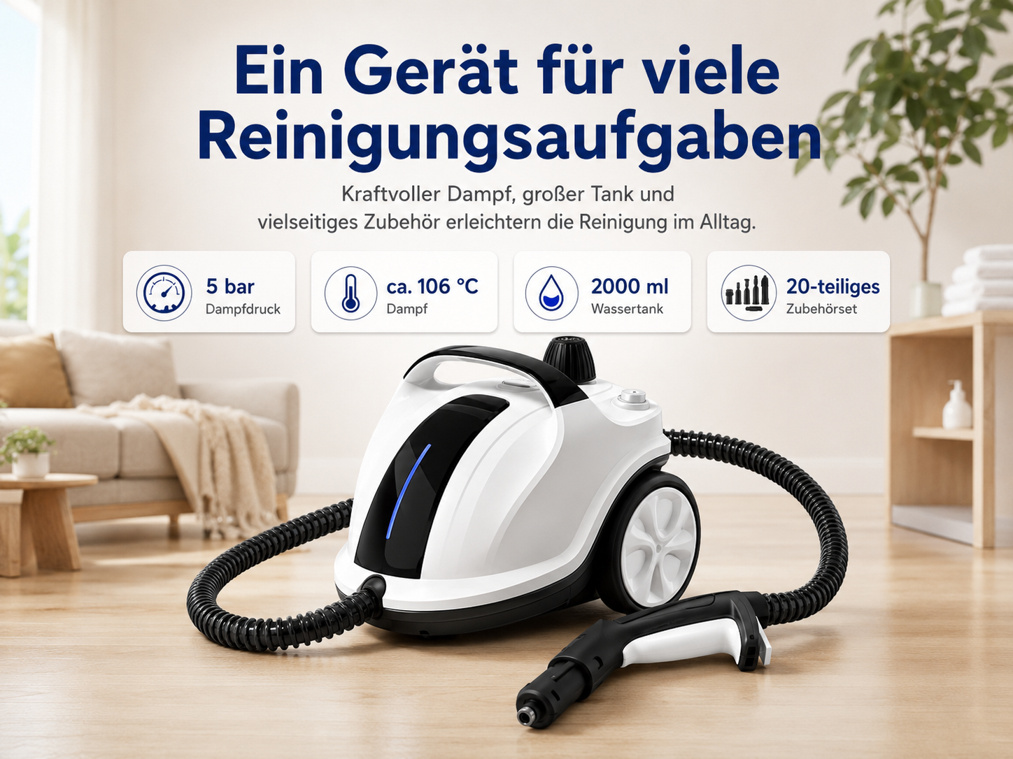 Ein weißer Dampfreiniger mit schwarzem Schlauch und Griff auf Holzboden.