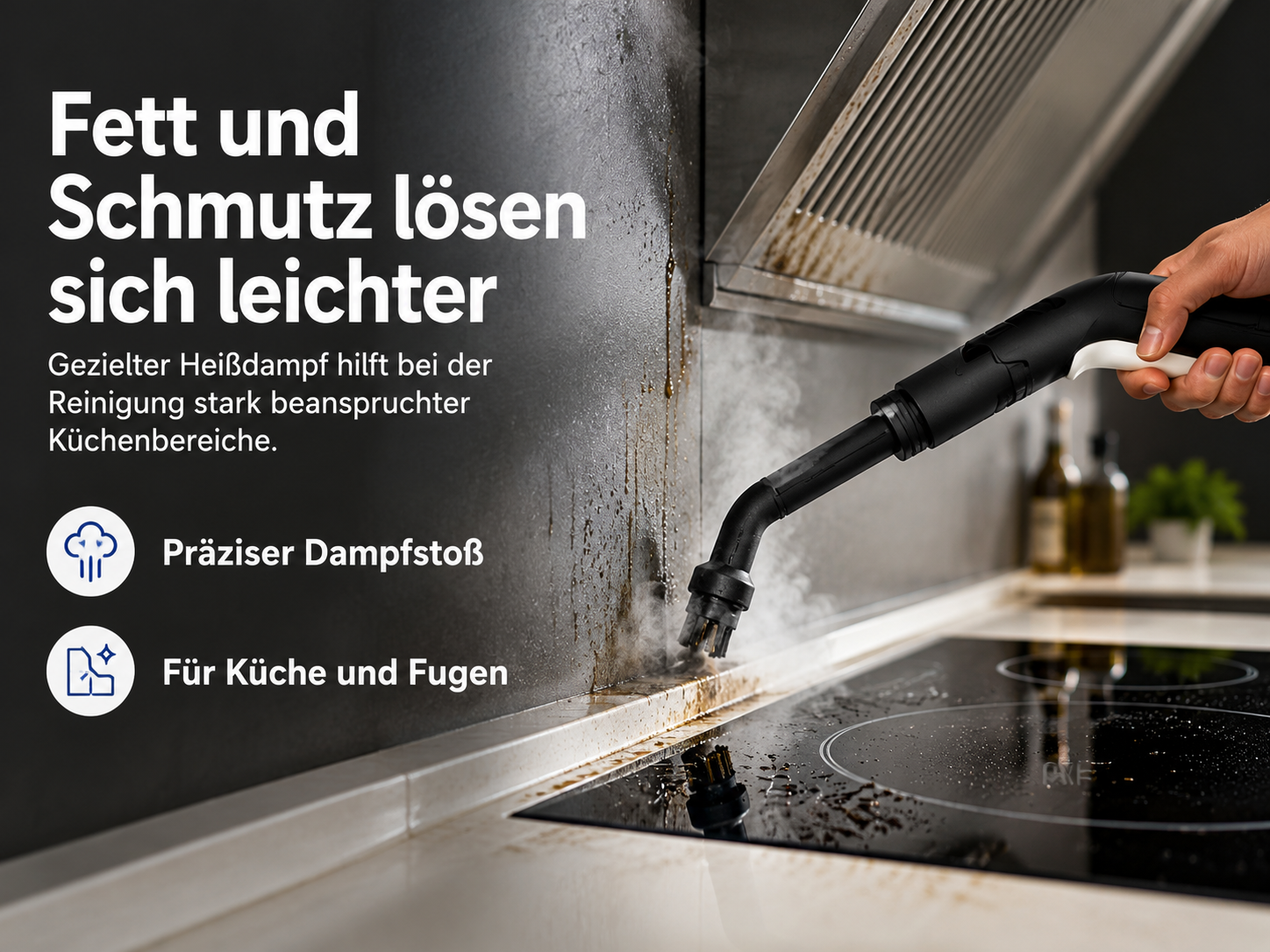 Dampfreiniger entfernt Fett und Schmutz von einer Kochfläche und Wand.