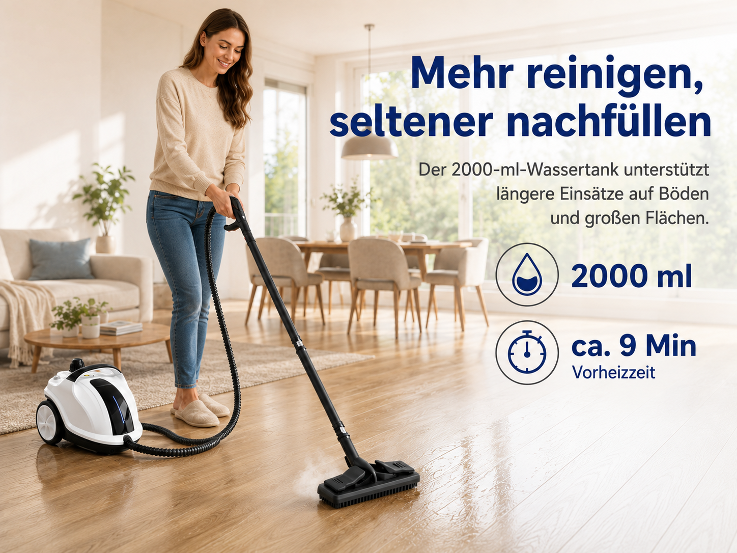 Frau reinigt Boden mit Dampfreiniger, 2000ml Tank, 9 Min Aufheizzeit.