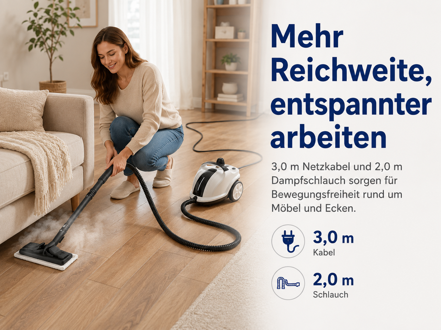 Frau reinigt Boden mit Dampfreiniger neben Sofa. Text über Reichweite.