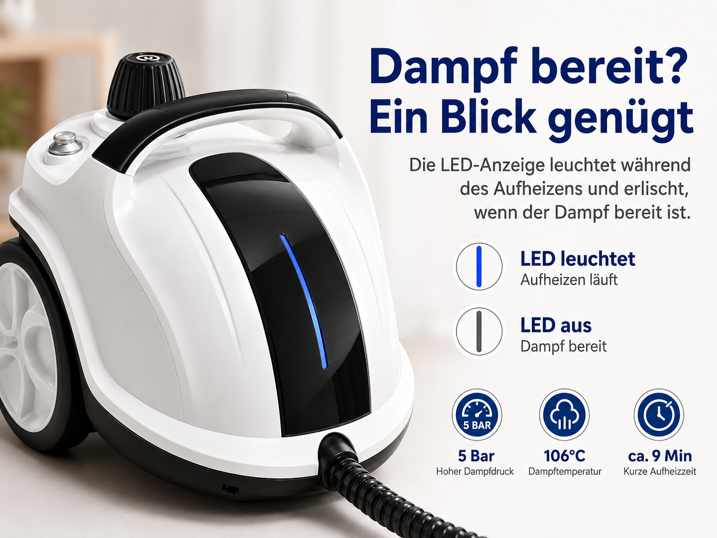 Weißer Dampfreiniger mit schwarzem Griff, Rädern und blauer LED-Anzeige.