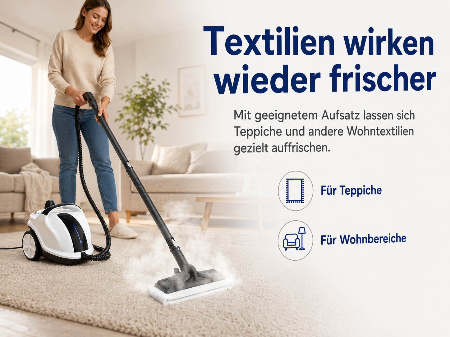 Eine Frau reinigt mit einem Dampfreiniger einen Teppich in einem Wohnzimmer.
