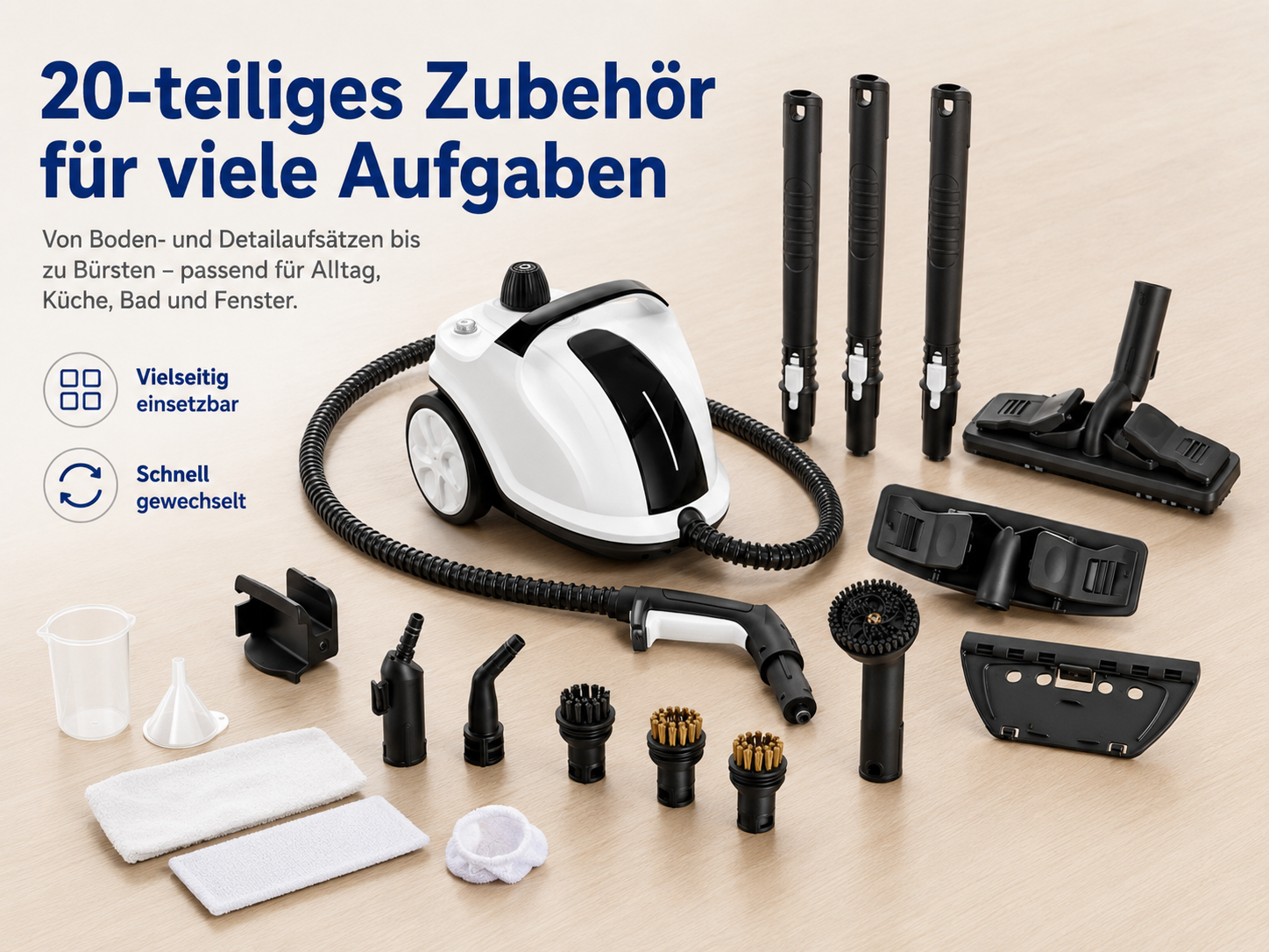 Ein weißer Dampfreiniger mit vielen Zubehörteilen, darunter Bürsten und Aufsätze.