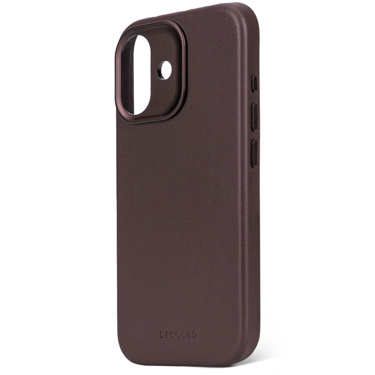 Una custodia per telefono marrone con ritaglio fotocamera e pulsanti.