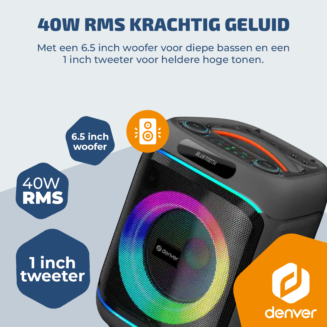 Ein schwarzer Denver Bluetooth-Lautsprecher mit beleuchtetem Kreis und Text.