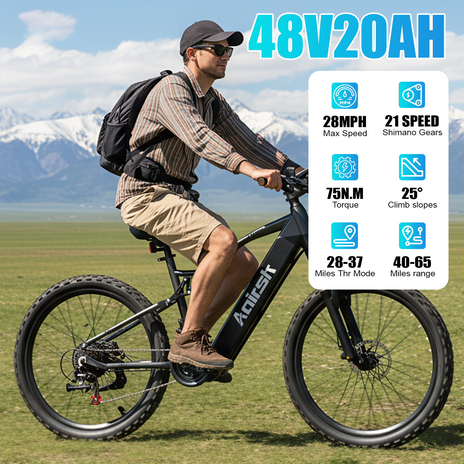 Uomo su e-bike di fronte alle montagne, specifiche tecniche visualizzate.
