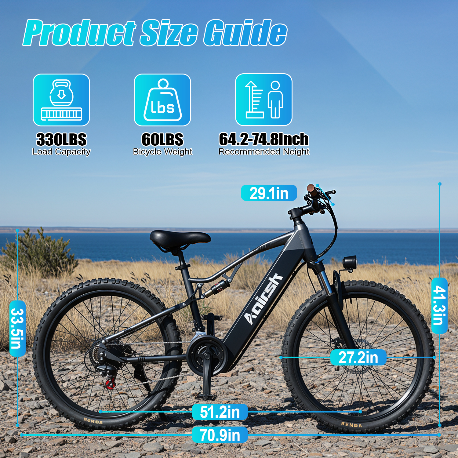 Guida alle taglie per una e-bike nera con dimensioni: 33,5 pollici di altezza, 29,1 pollici manubrio.