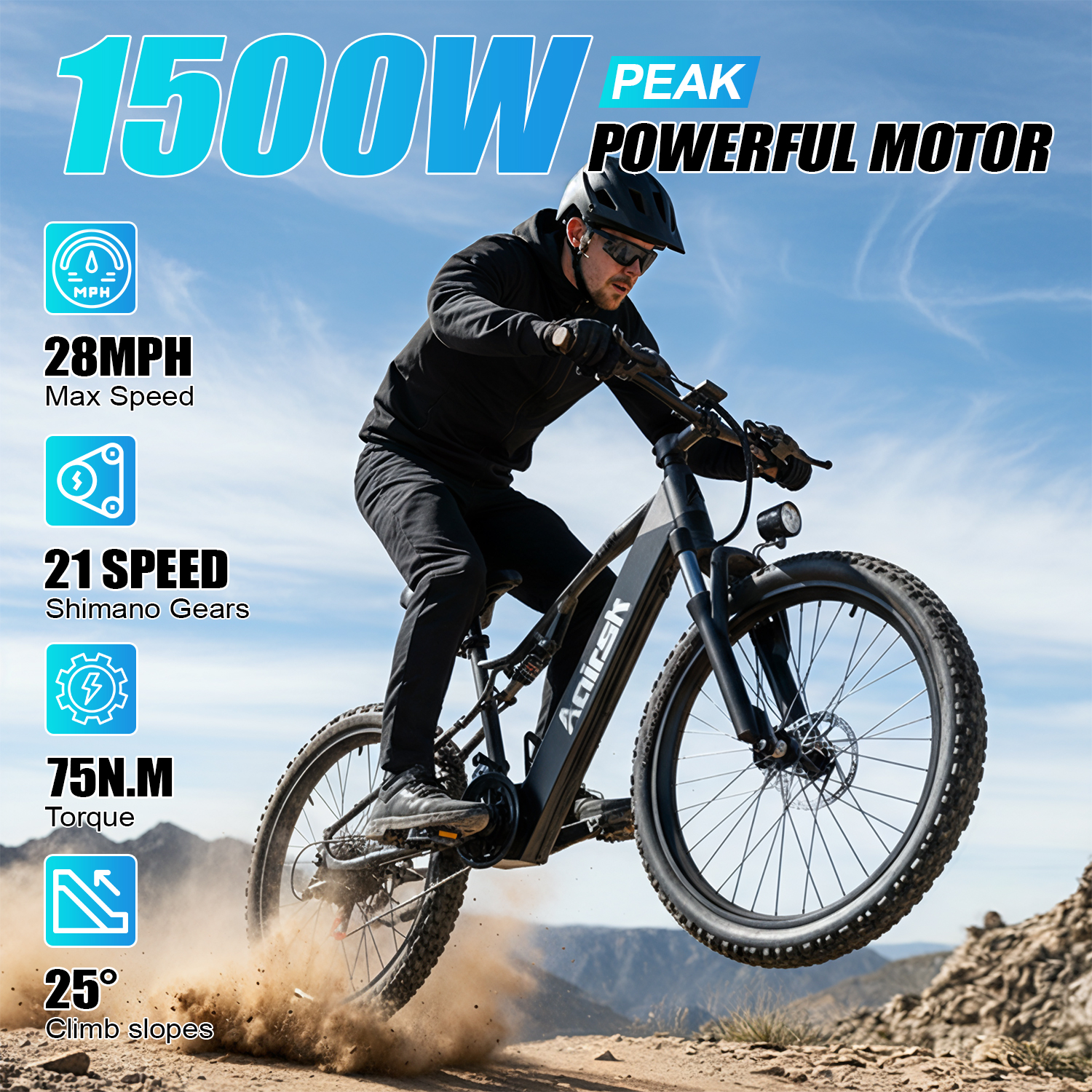 Un uomo guida una e-bike da 1500W con 28mph velocità max, 21 marce, 75Nm coppia.