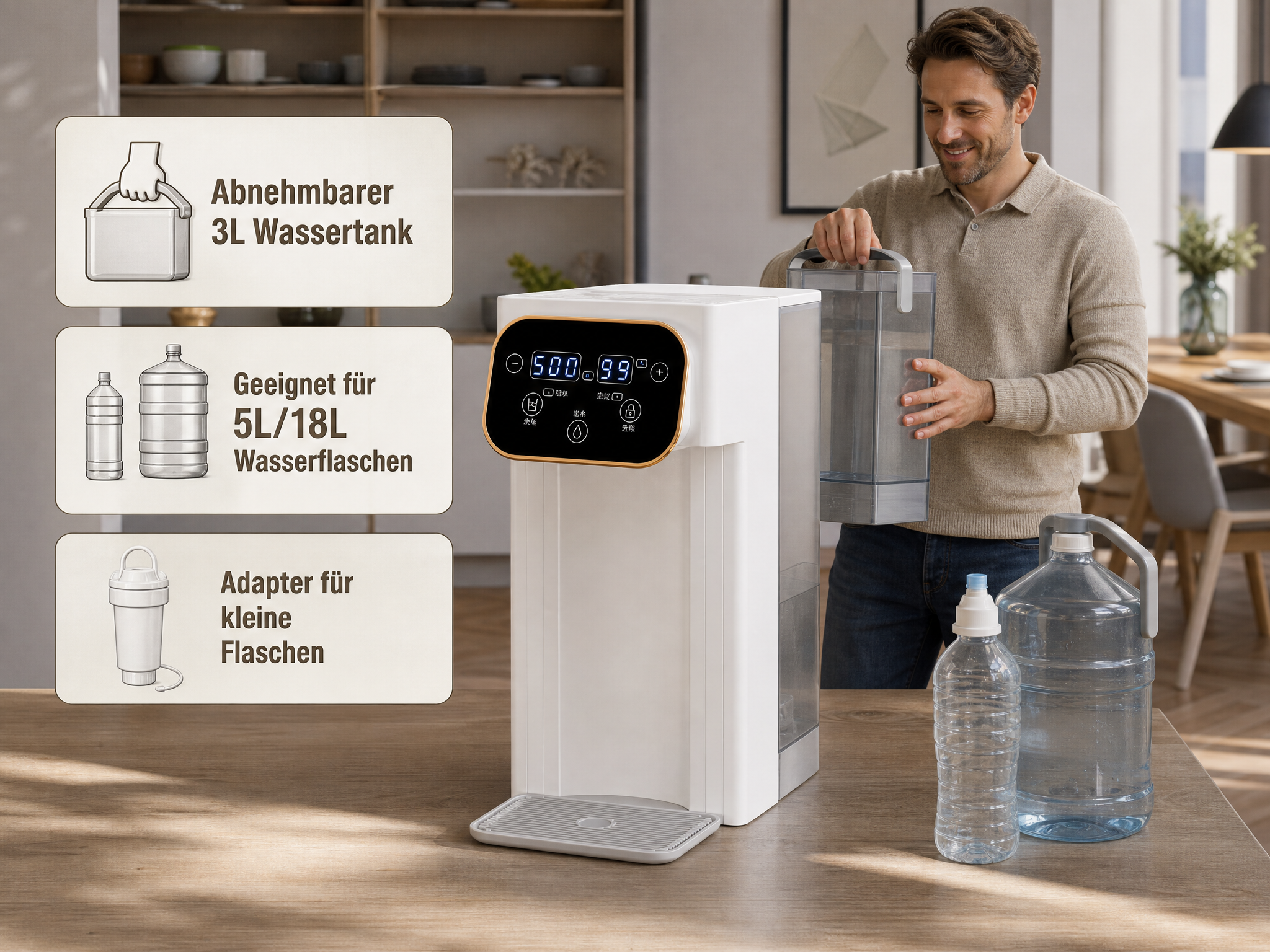 Mann setzt Wassertank in Wasserspender ein. 5L/18L Flaschen daneben.