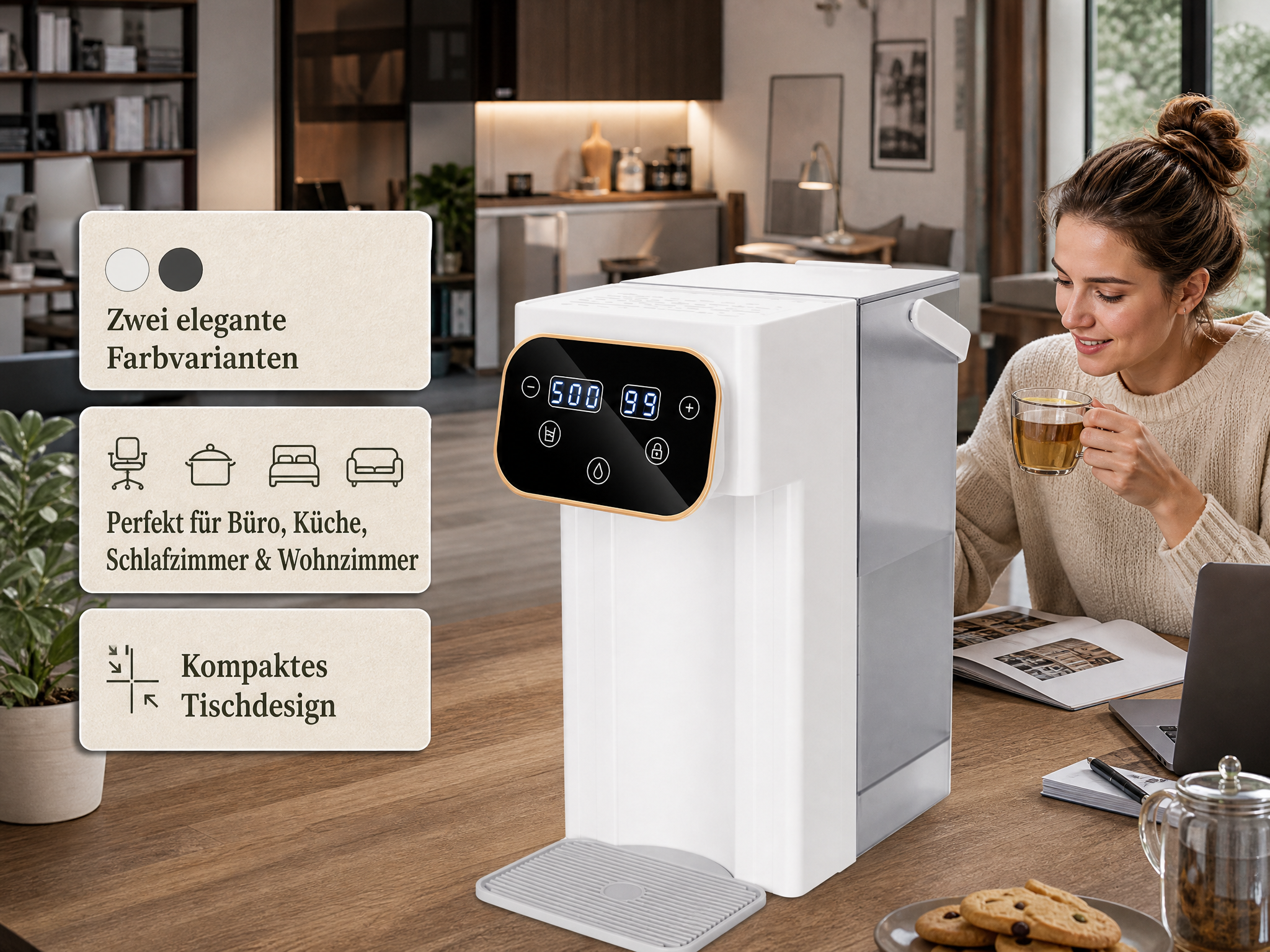Moderne Wasserstation auf einem Schreibtisch mit einer Frau, die Tee trinkt.