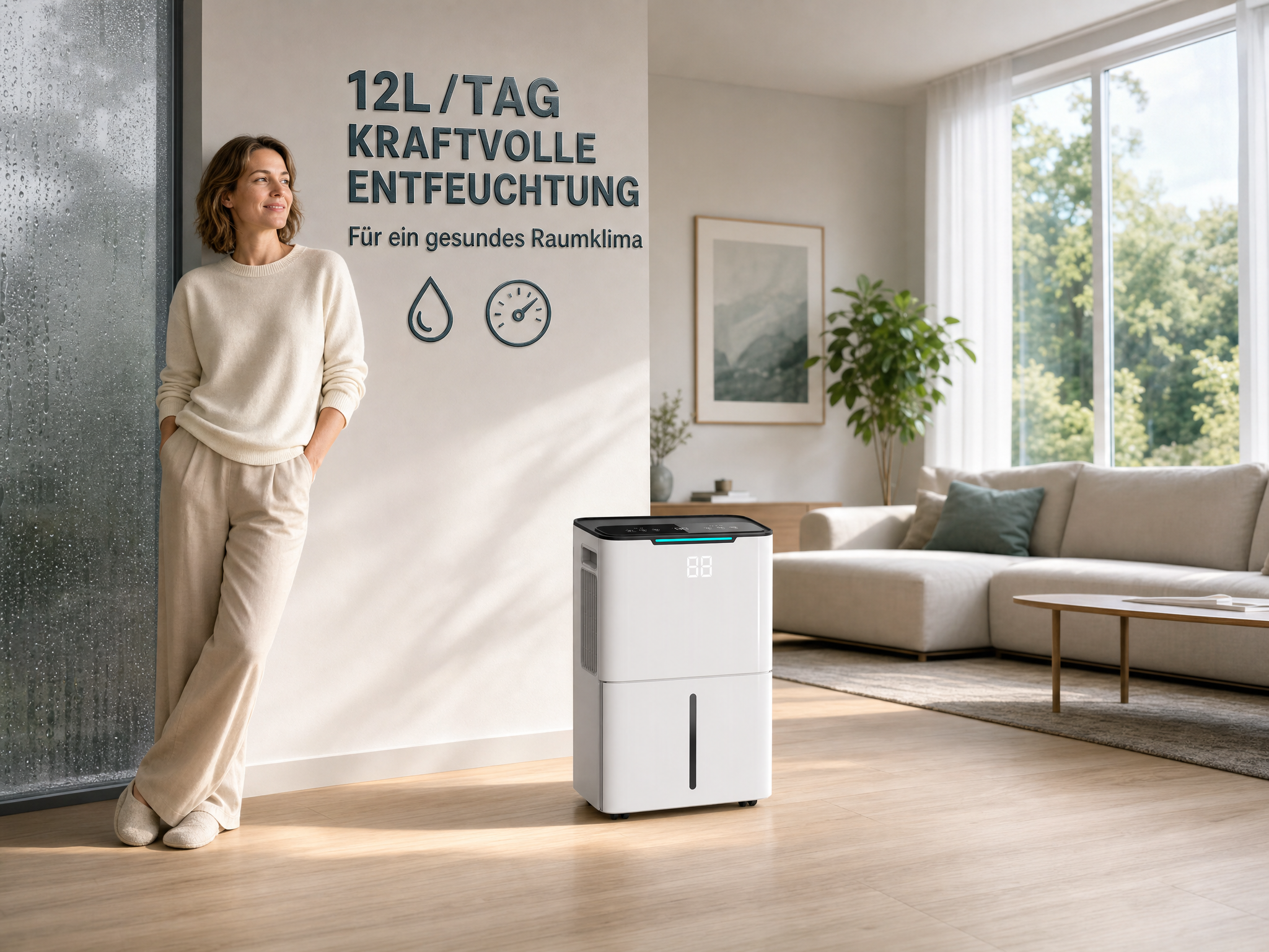 Eine Frau steht neben einem Luftentfeuchter in einem modernen Wohnzimmer.