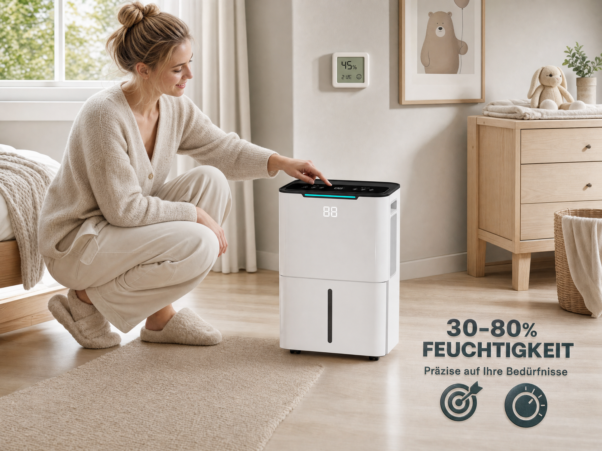 Frau bedient Luftentfeuchter neben Bett. Kinderzimmer-Deko im Hintergrund.