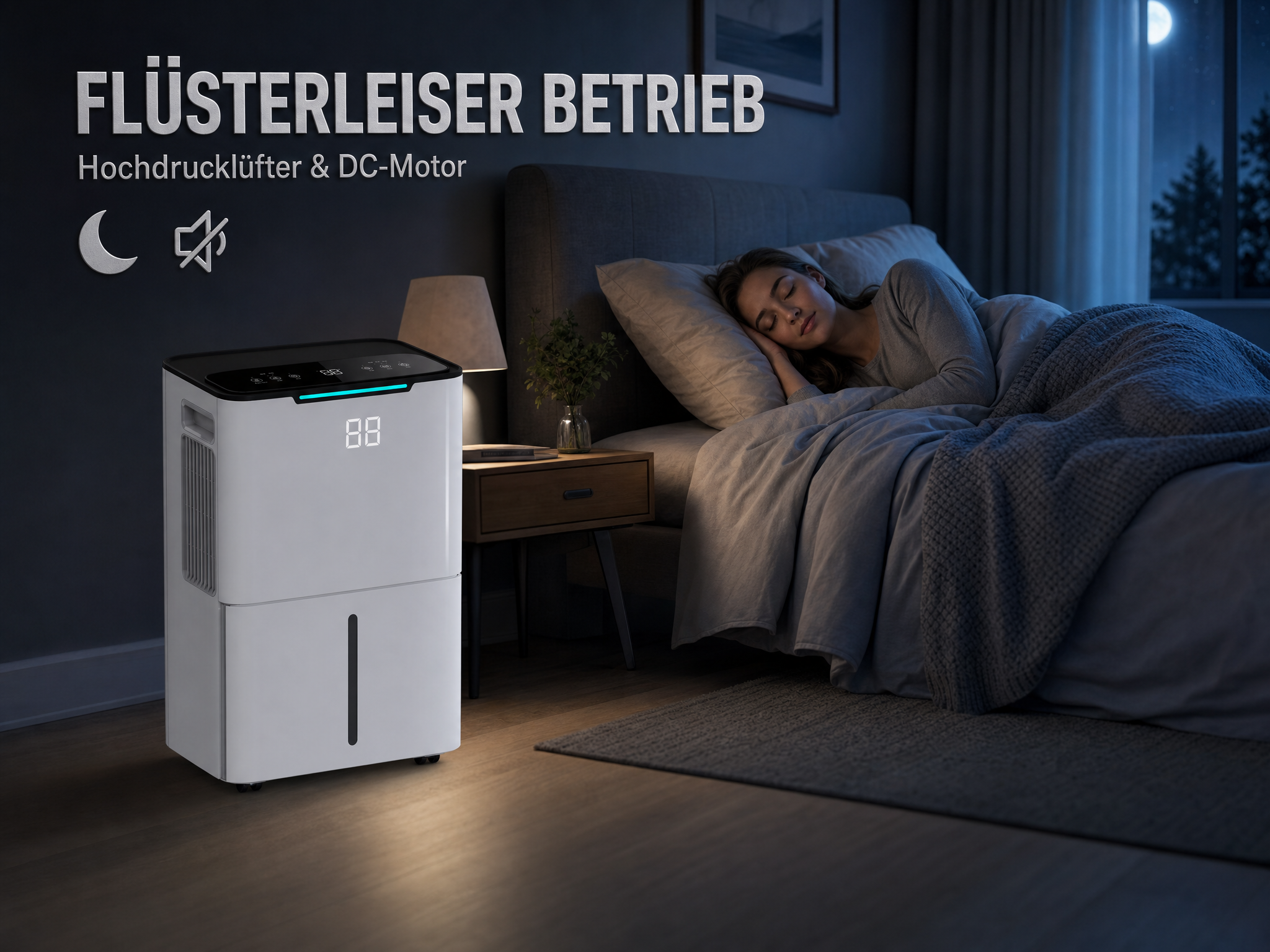 Ein weißer Luftentfeuchter steht neben einem Bett, auf dem eine Frau schläft.