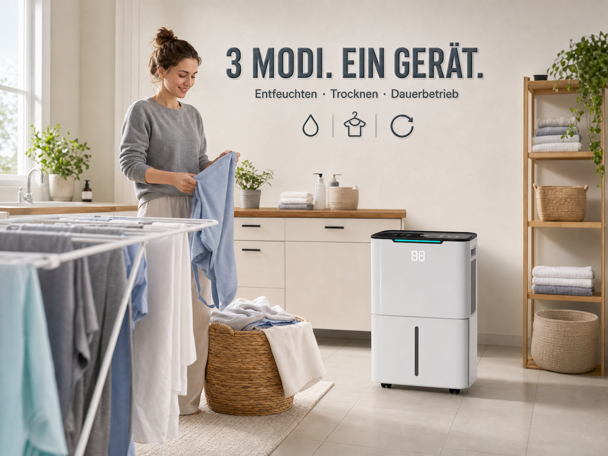 Frau faltet Wäsche neben einem weißen Luftentfeuchter in einem hellen Raum.