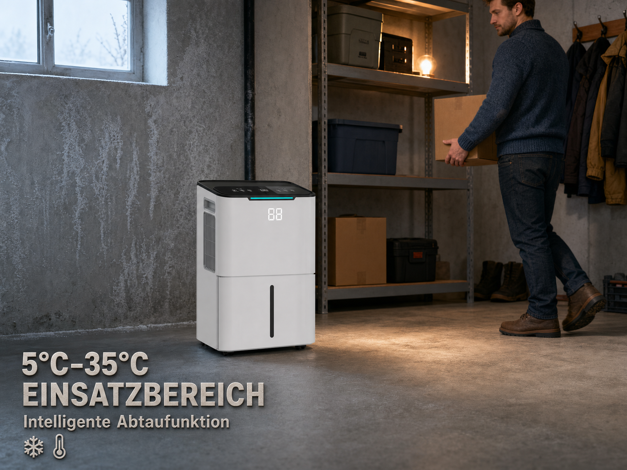 Ein weißer Luftentfeuchter steht im Vordergrund. Ein Mann trägt eine Kiste.