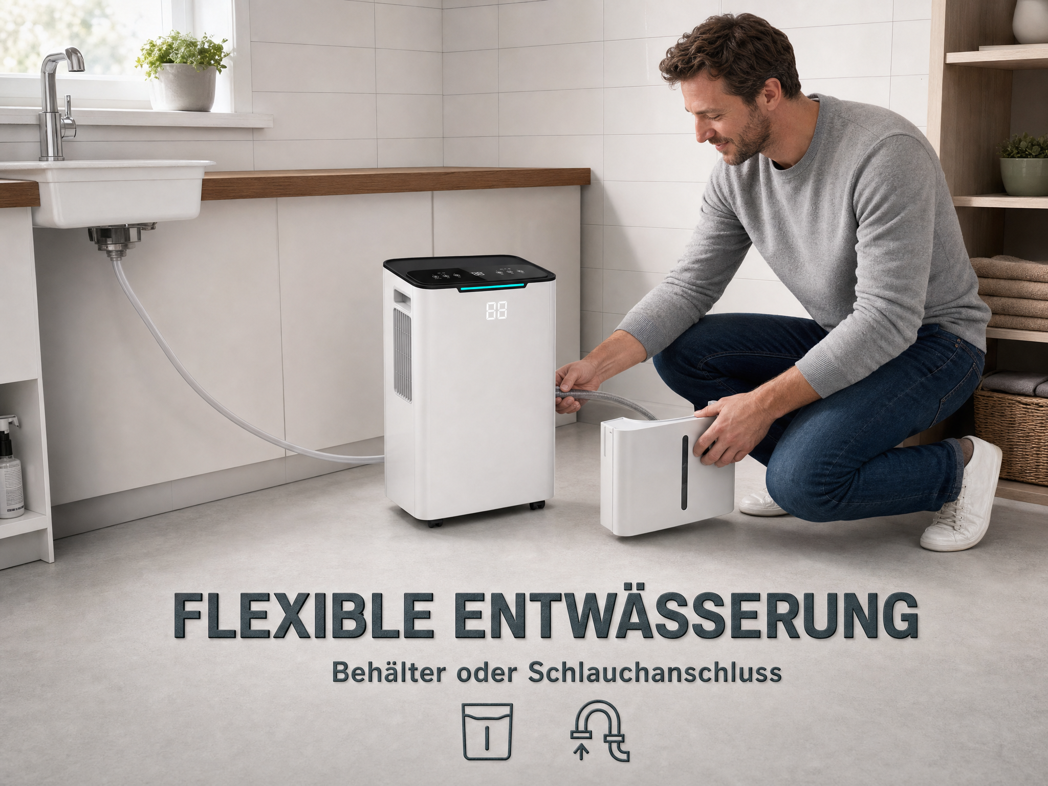 Mann verbindet Schlauch mit weißem Luftentfeuchter neben Waschbecken.