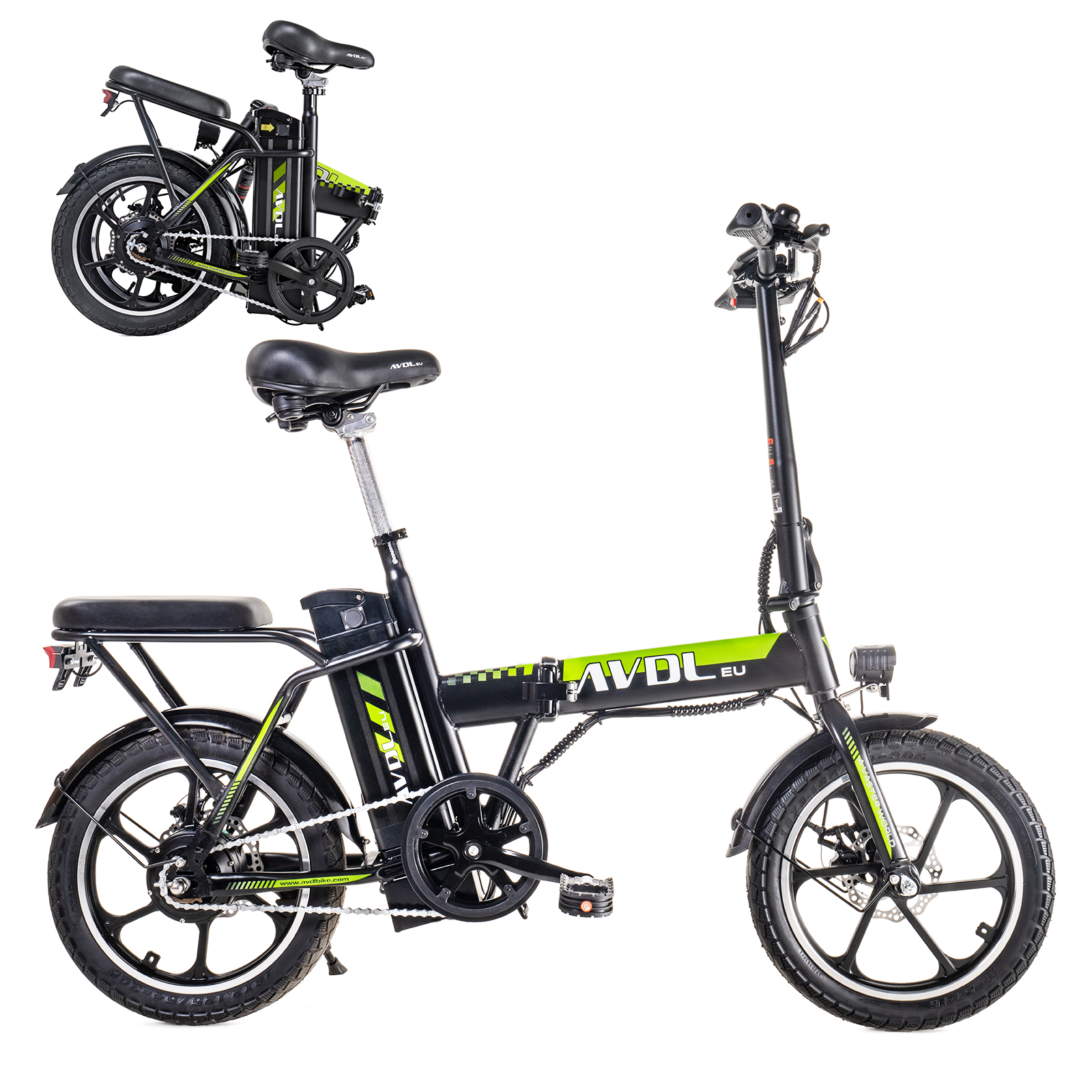 Ein schwarzes faltbares E-Bike mit grünen Akzenten und dem Schriftzug AVDEU.