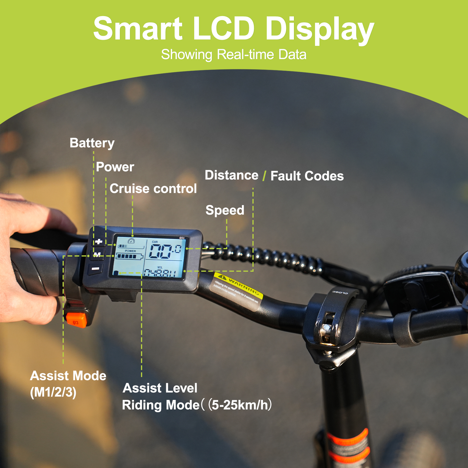Lenker mit LCD-Display, das Akku, Leistung, Geschwindigkeit und mehr anzeigt.