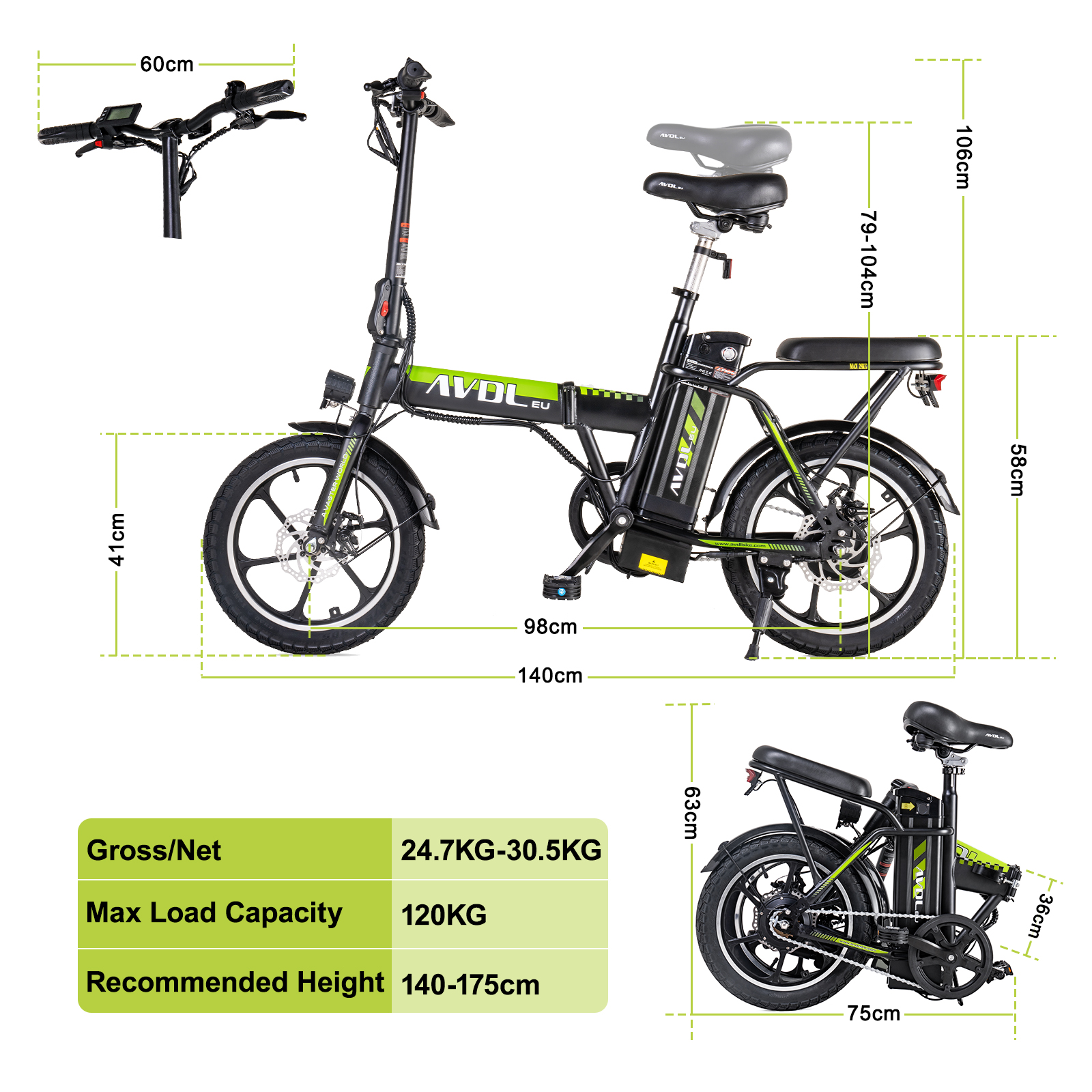 Ein faltbares E-Bike mit grünen Akzenten und Maßangaben.