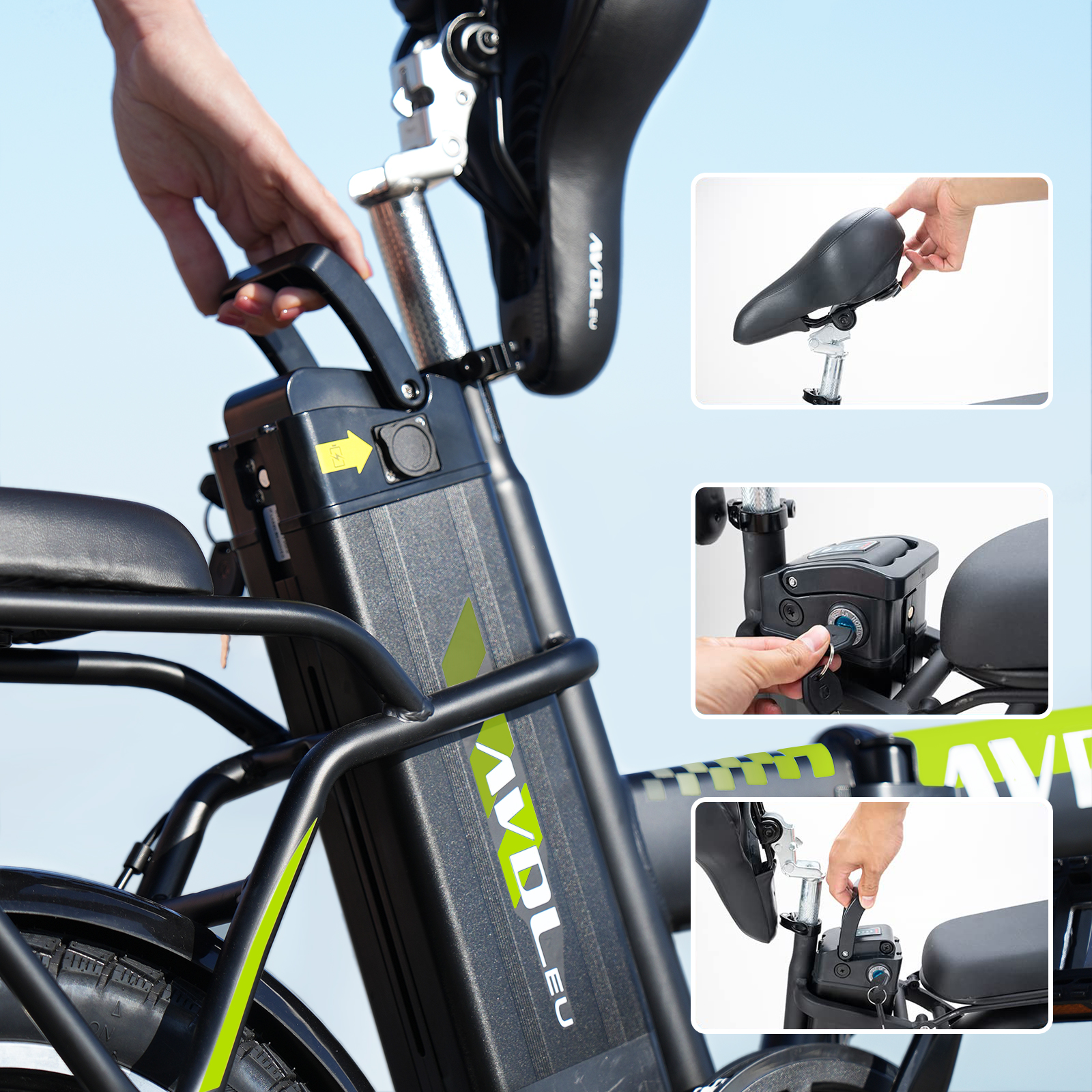 Hand betätigt Griff am E-Bike-Akku. Details zeigen Sattelverstellung und Schlüsselschloss.
