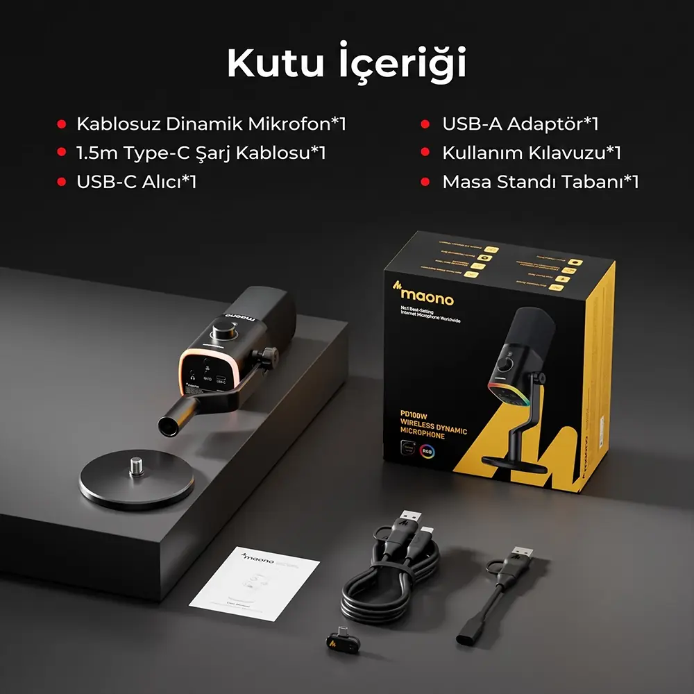 Maono PD100W microphone set includes mic, cables, adapter, manual, and stand.
