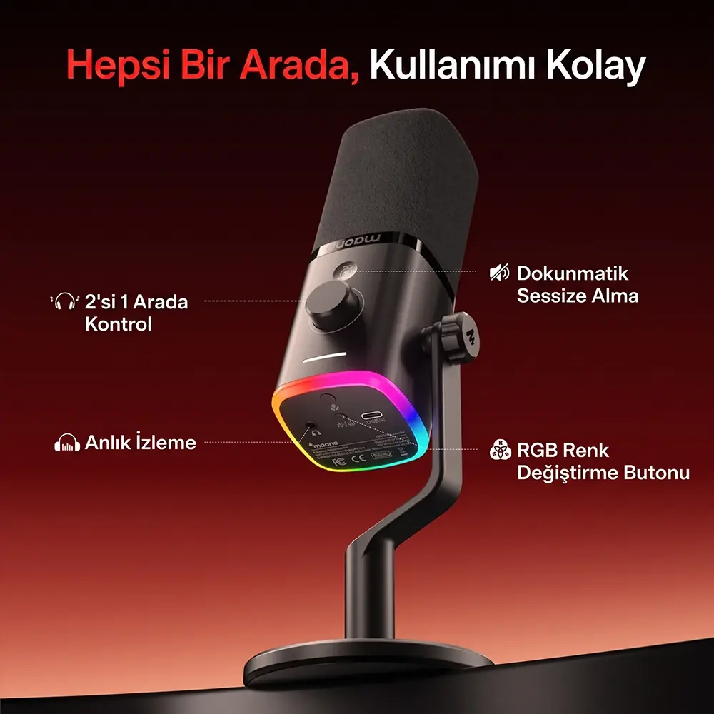 Black microphone with RGB lighting and controls. Labels explain features.