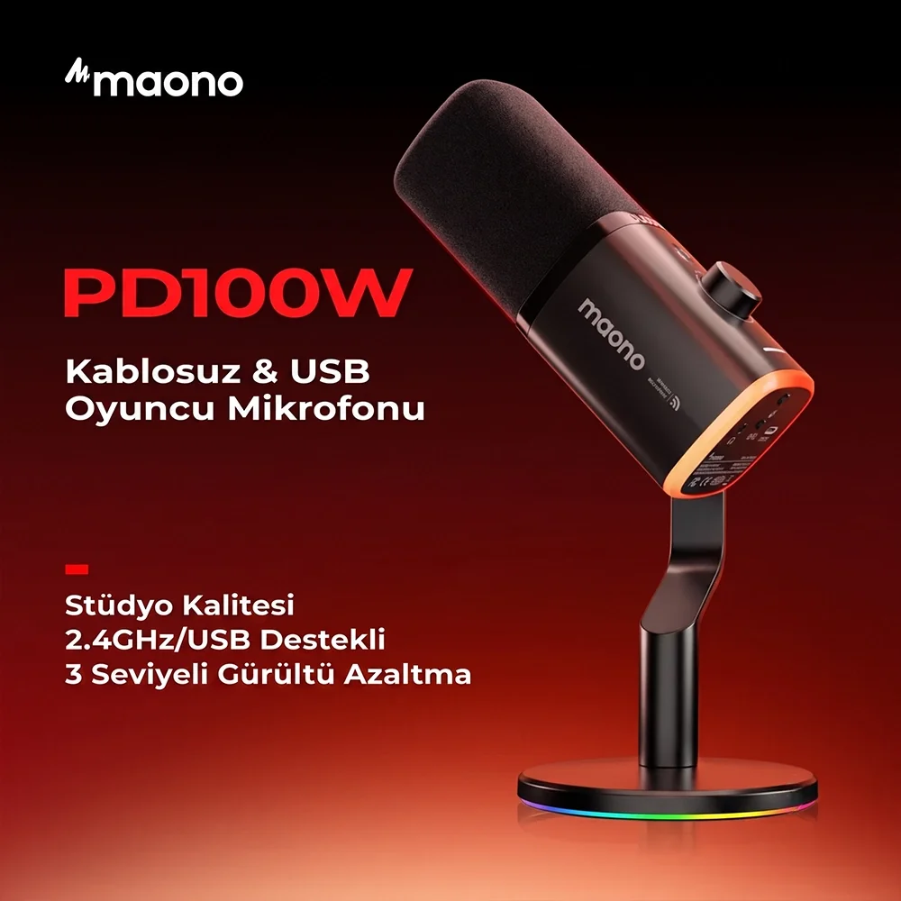 A black Maono PD100W microphone with RGB lighting on a stand.