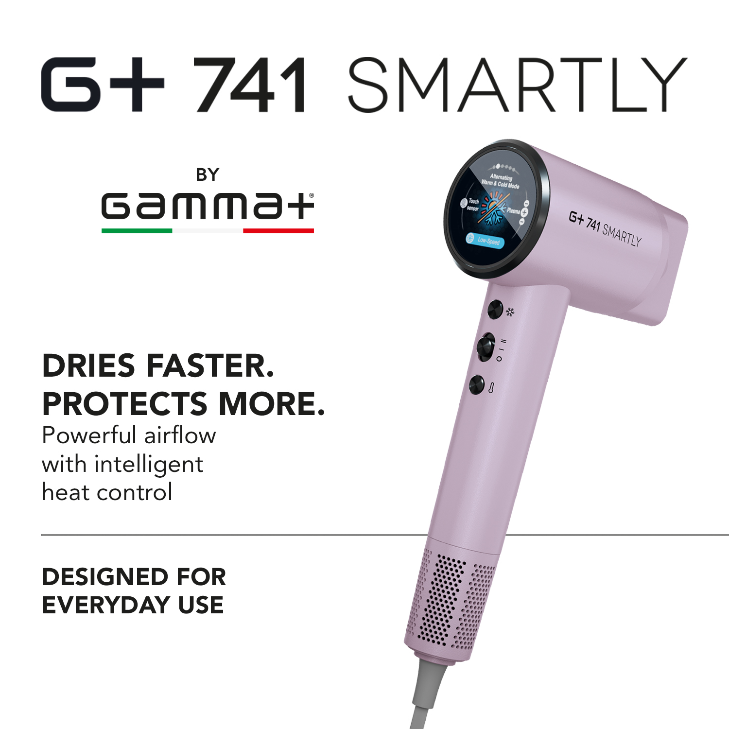 Un asciugacapelli viola con display digitale, etichettato "G+ 741 SMARTLY".