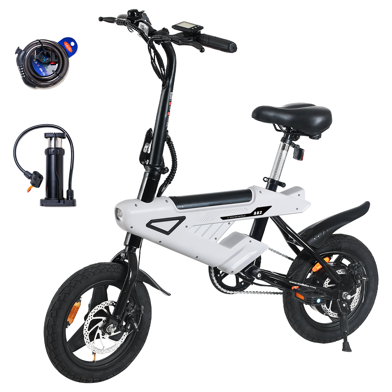 Ein weißes und schwarzes faltbares Elektrofahrrad mit Schloss und Pumpe.