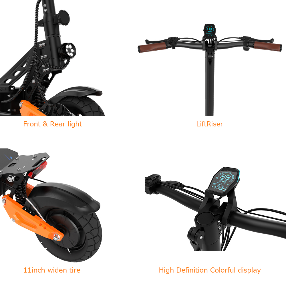 Primo piano di uno scooter elettrico focalizzato su luci anteriori/posteriori, pneumatico e display.