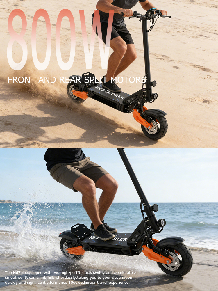 Uomo guida e-scooter sulla spiaggia, motori anteriori e posteriori.