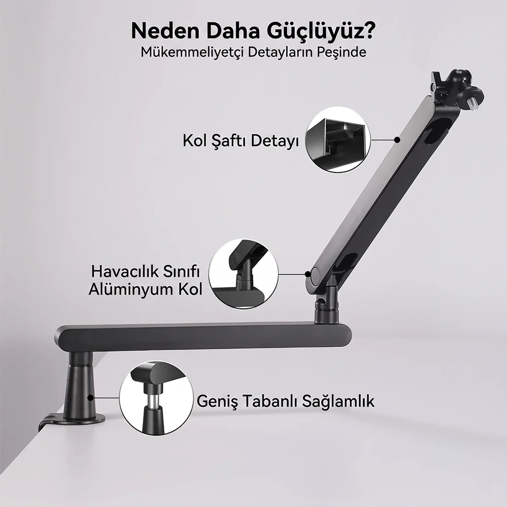 Bir masaya monte edilmiş siyah ayarlanabilir kol, detayların yakın çekimleri gösteriliyor.