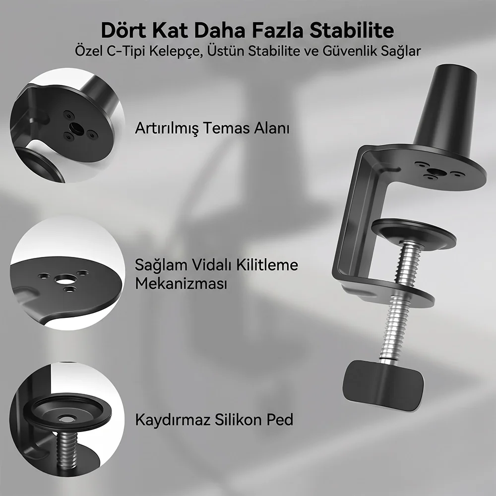 Vida, silikon ped ve parça yakın çekimleriyle siyah C kelepçe montajı.