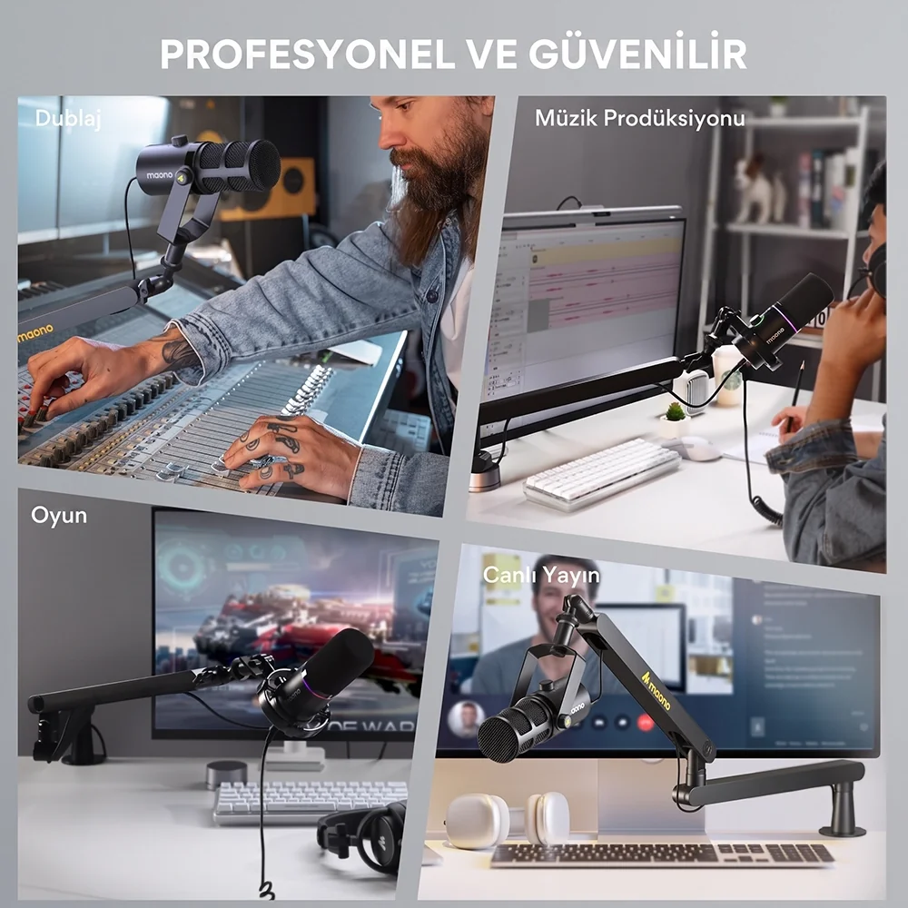 Dört sahne: Mikser başında adam, PC'de mikrofon, oyun kurulumu, canlı yayın.
