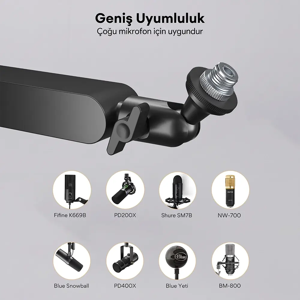 Çeşitli mikrofonlara sahip siyah mikrofon kolu: Fifine K669B, PD200X, Shure SM7B, NW-700, Blue Snowball, PD400X, Blue Yeti, BM-800.