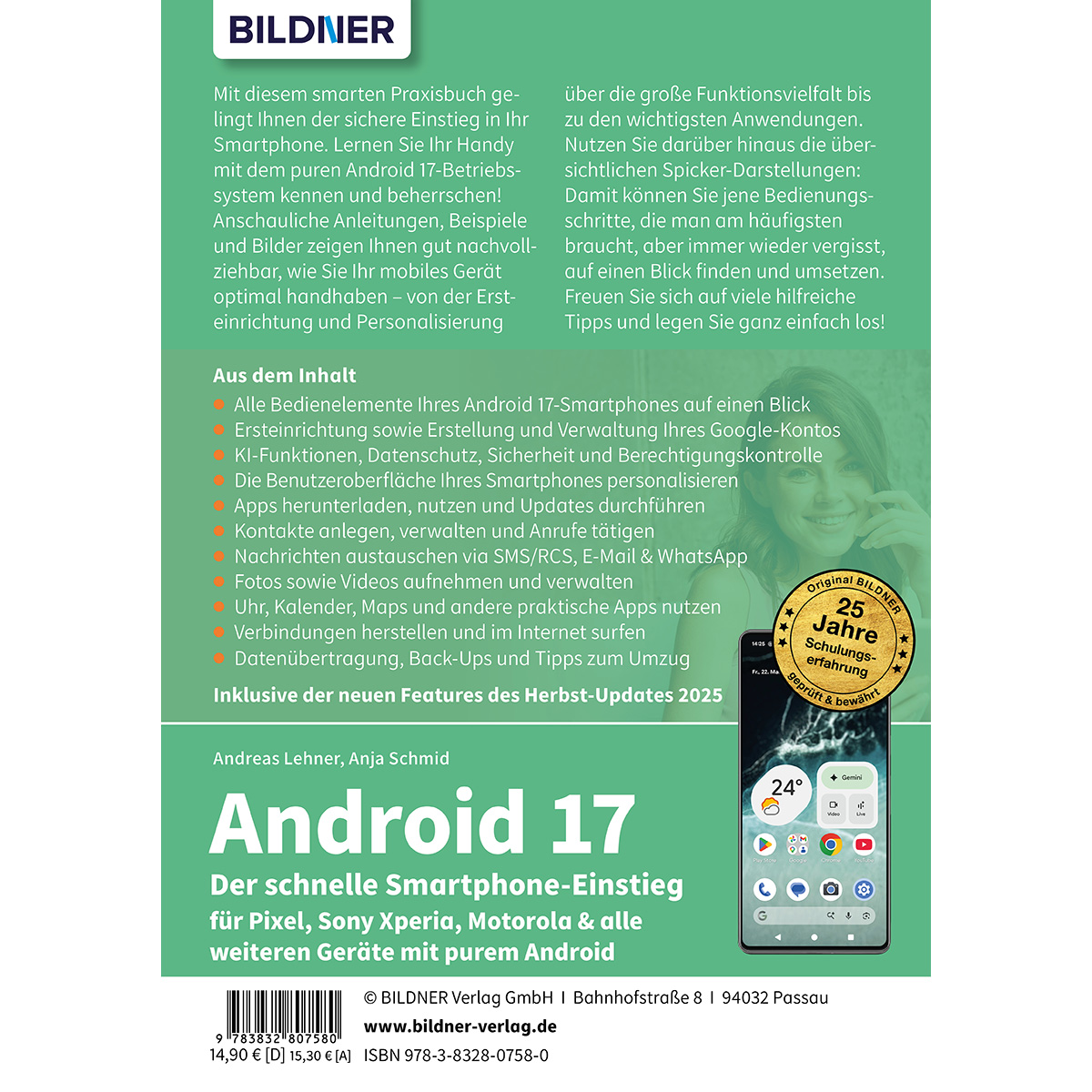 Buchcover für Android 17. Zeigt Text und ein Smartphone mit Wetteranzeige.