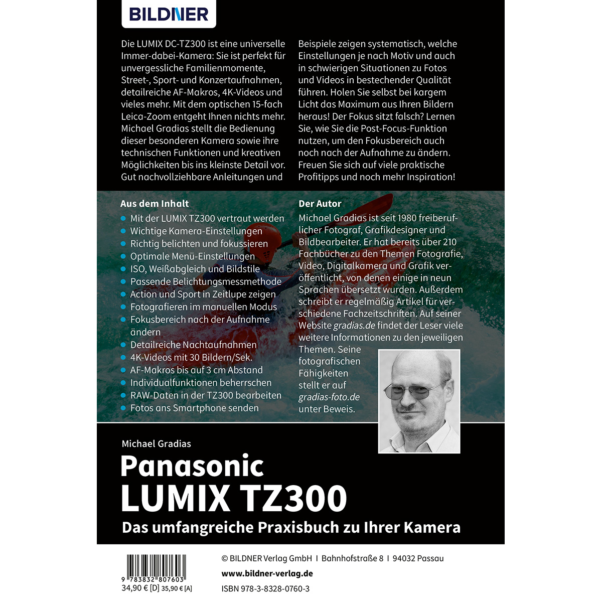 Buchcover: Panasonic LUMIX TZ300-Praxisbuch mit Autorfoto und Buchdetails.