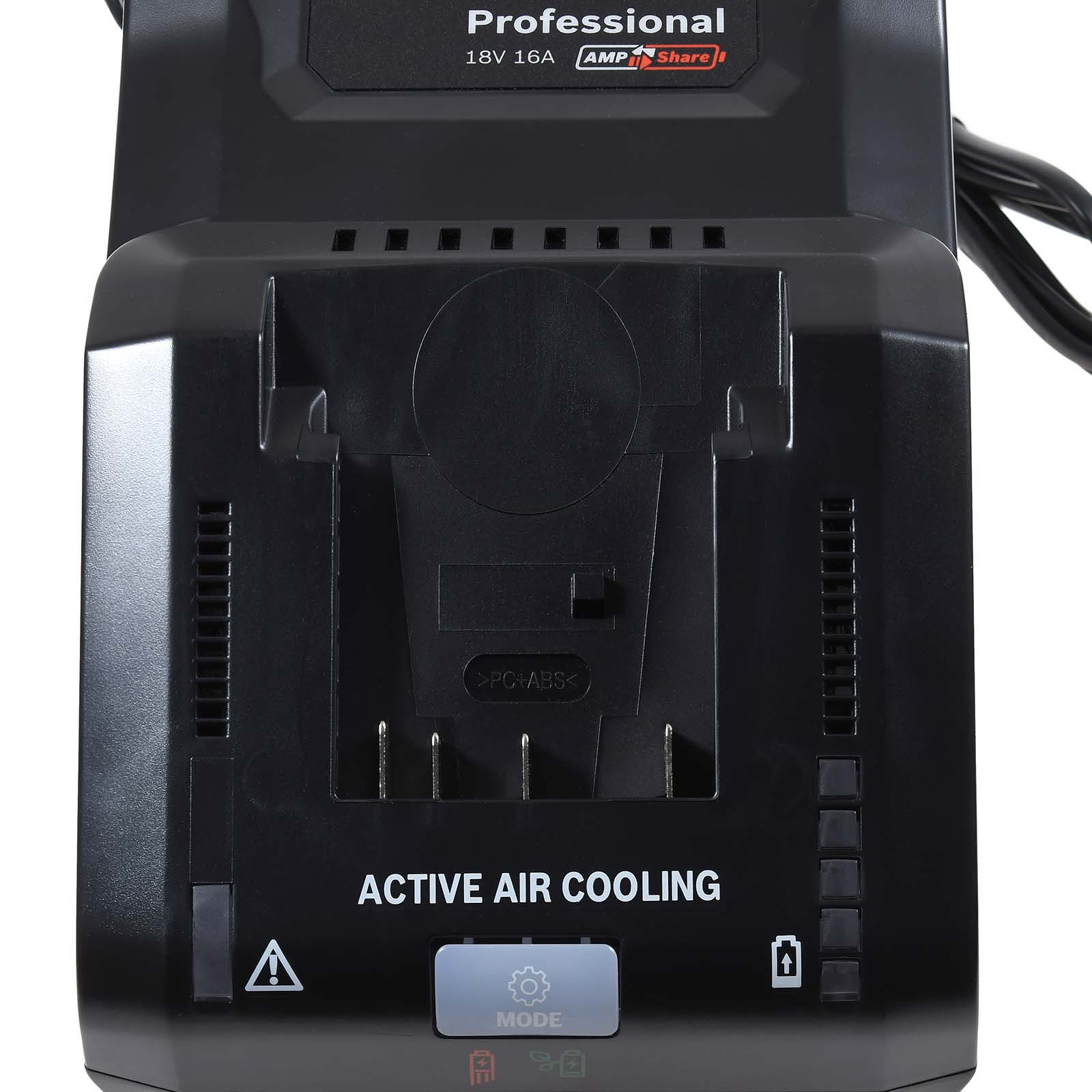Schwarzes Ladegerät mit Lüftungsschlitzen und "ACTIVE AIR COOLING" Aufschrift.