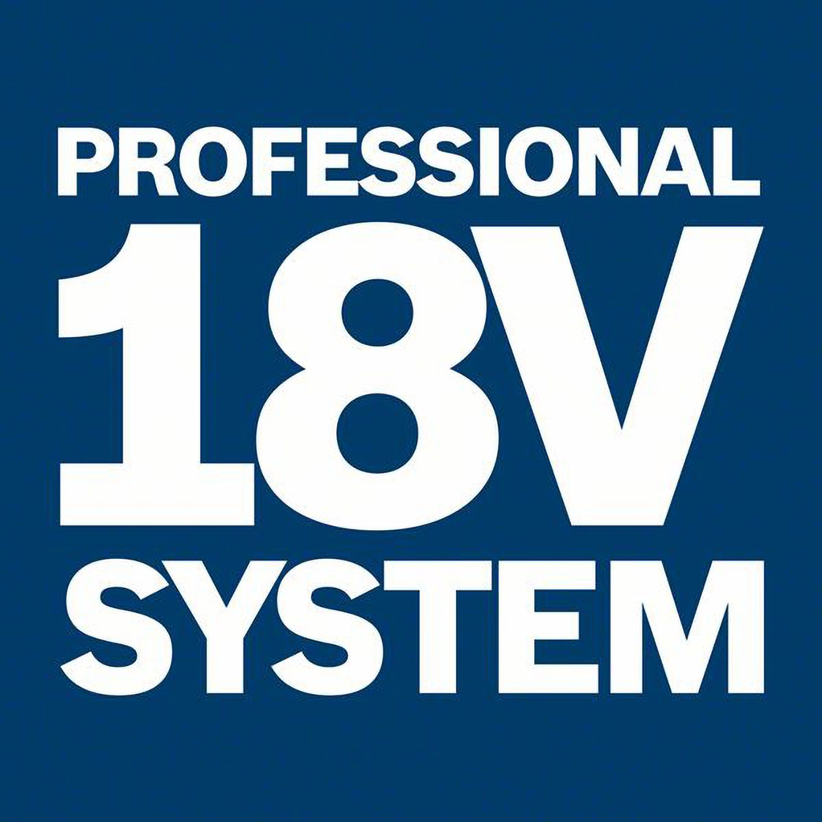 Professionelles 18V System Logo in Weiß auf blauem Hintergrund.
