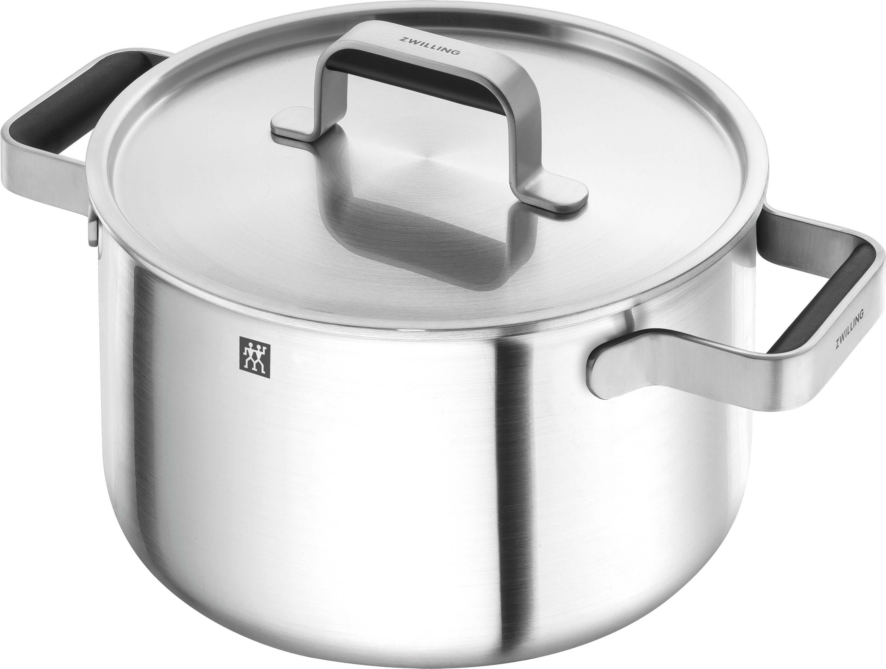 Olla de acero inoxidable plateada con tapa y dos asas, con logo ZWILLING.