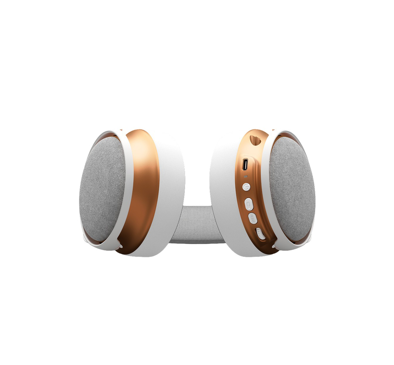 Cuffie bianche con accenti color rame e padiglioni in tessuto.