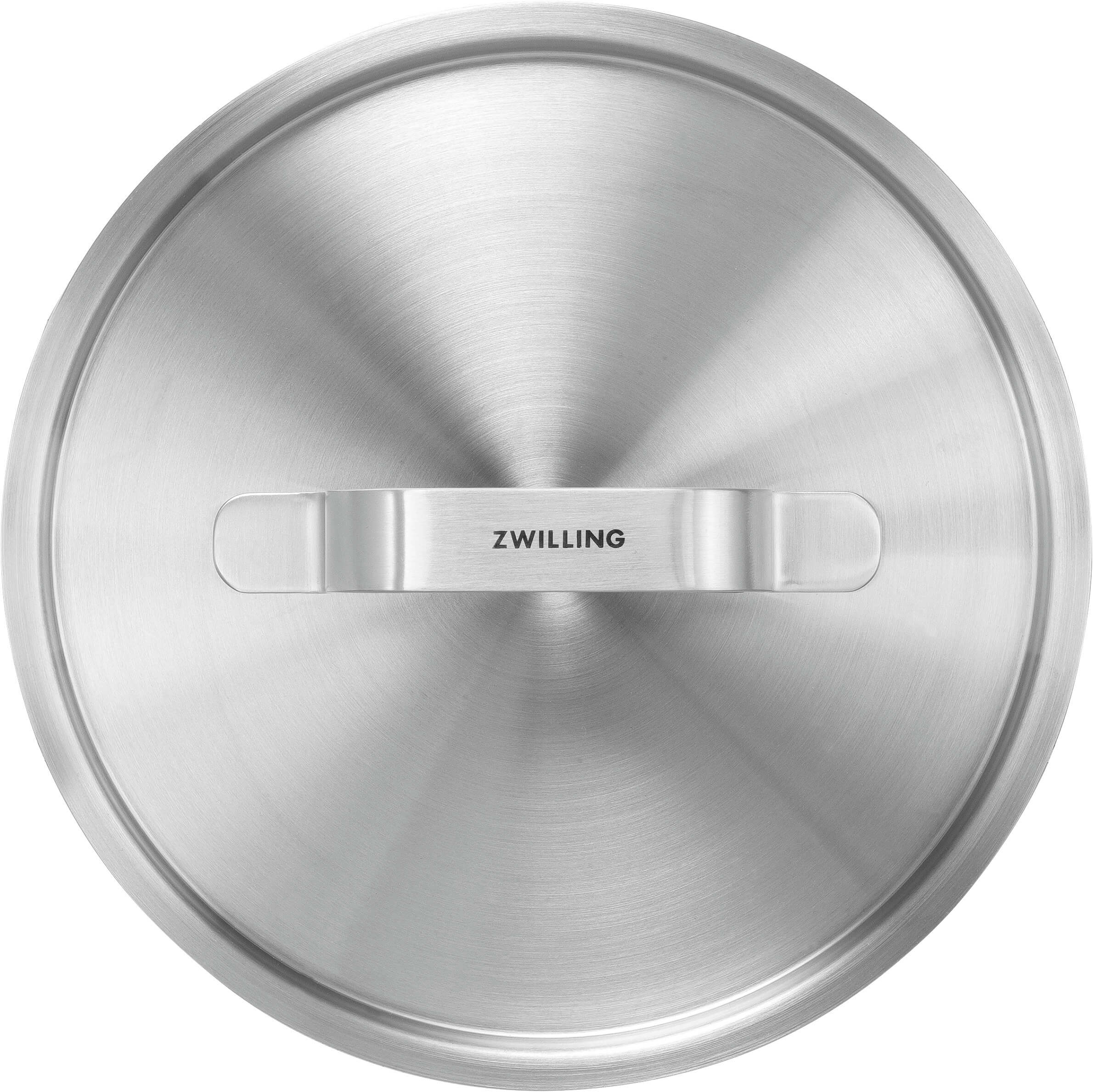 Srebrna pokrywa garnka z uchwytem pośrodku i logo "ZWILLING".