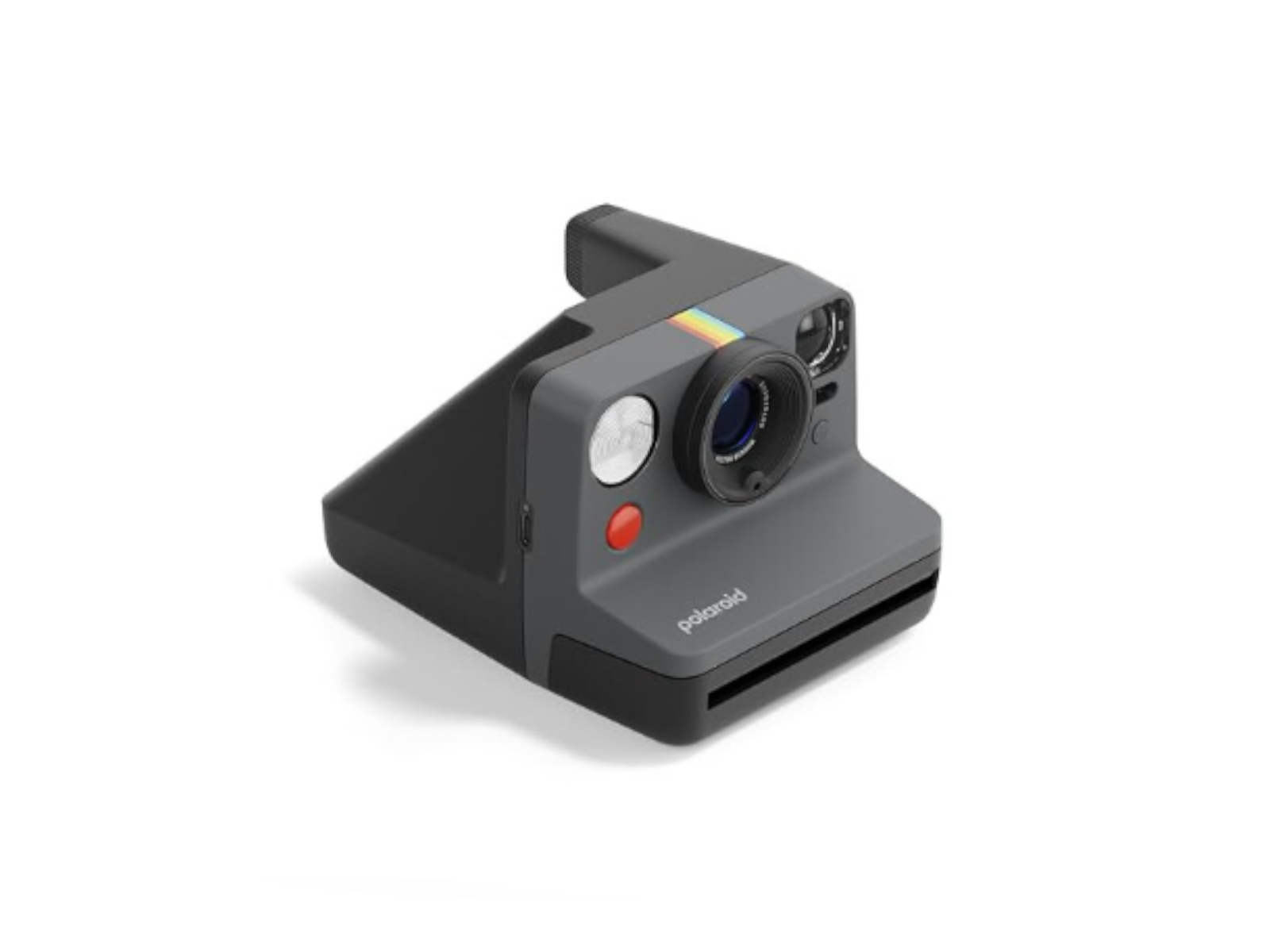 Graue Polaroid-Kamera mit Regenbogenstreifen und rotem Knopf.