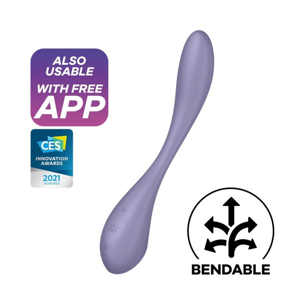 Ein lavendelfarbener, biegbarer Massagestab mit App-Kompatibilität und CES-Auszeichnung.