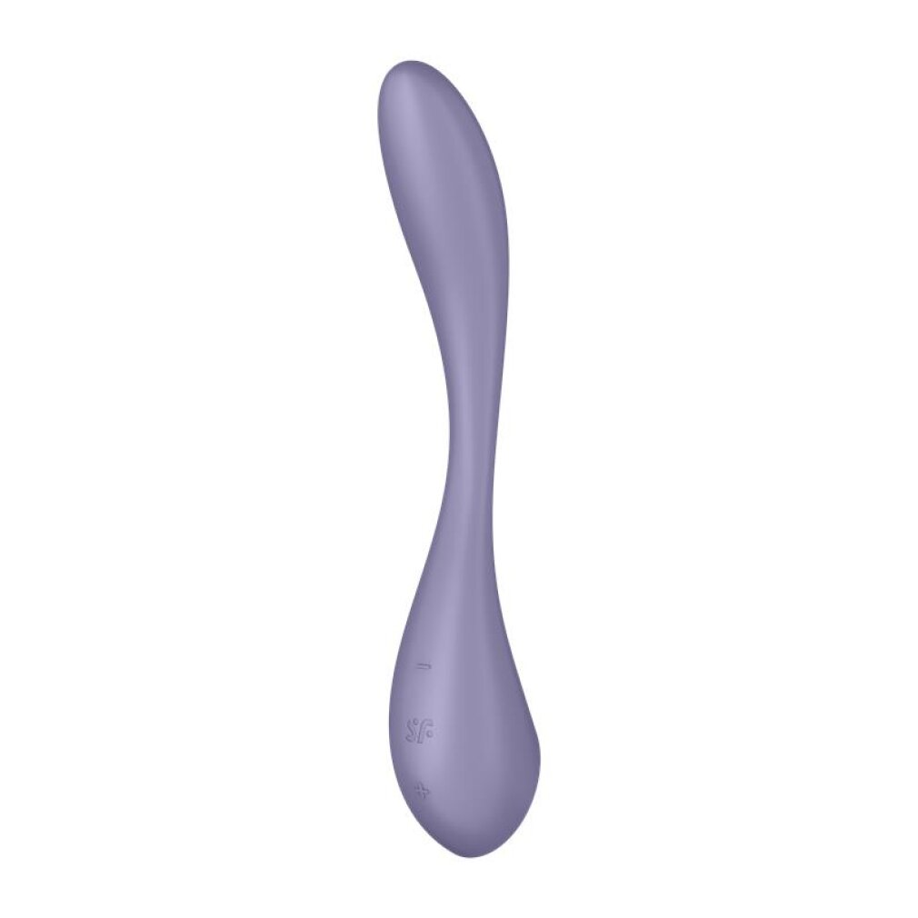 Ein lila Vibrator mit einer geschwungenen Form, der auf einem weißen Hintergrund steht.